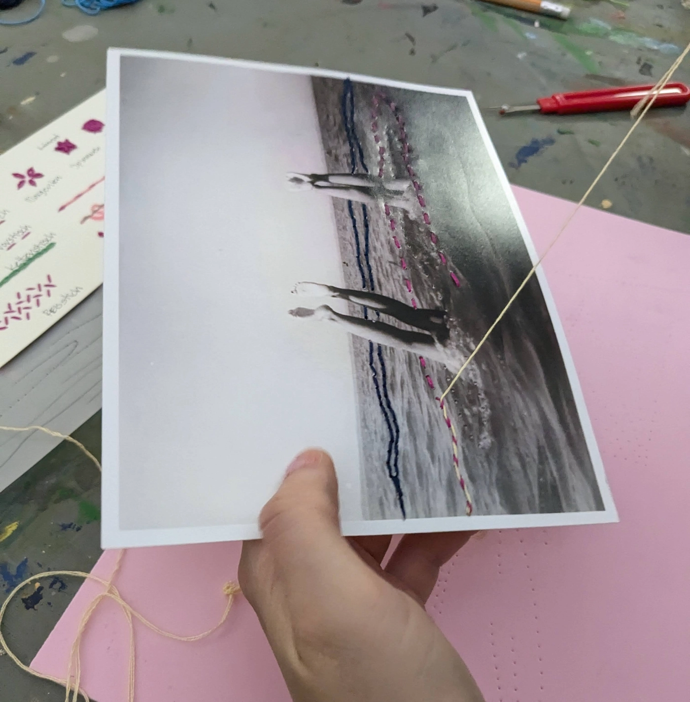 Hands embroidering on photo during workshop