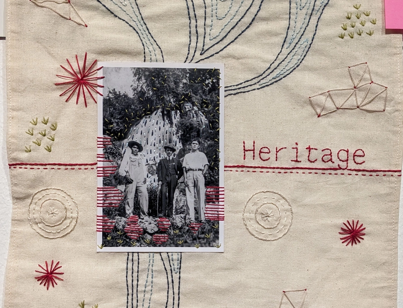 Photo embroidery by Bela: an old family portrait stitched into with thread, framed by the word "Heritage"