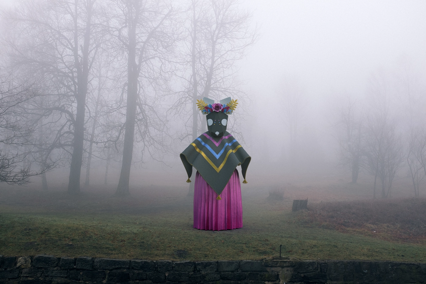 Fog over a stand of bare trees in the woods, thick enough to swallow sound along with sight. She stood inside it, unannounced and unheard.